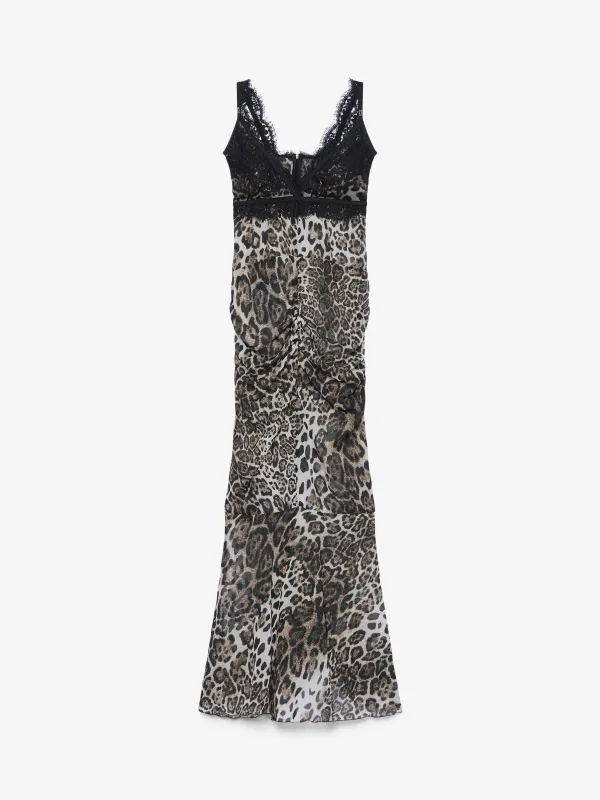 Abito lungo in pizzo con fantasia animalier made by GCDS