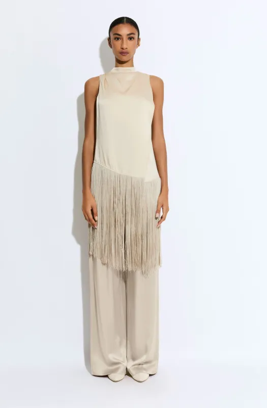 Satin Cowl Neck Fringe Top made by LAPOINTE