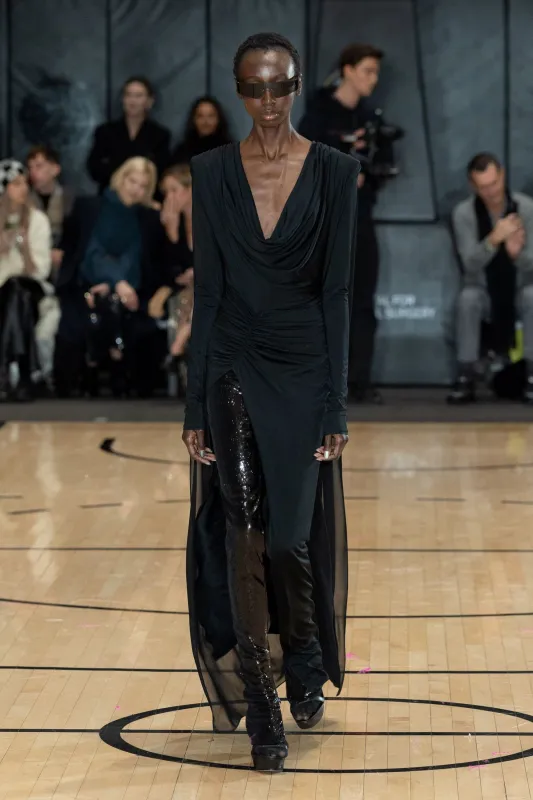 Jersey Cowl Neck Slit Gown With Georgette Cape made by LAPOINTE
