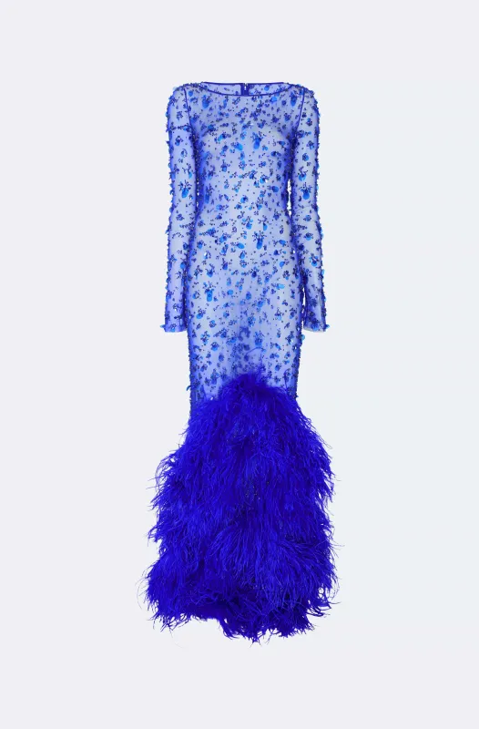 Embroidered Mesh Boatneck Gown With Feathers made by LAPOINTE