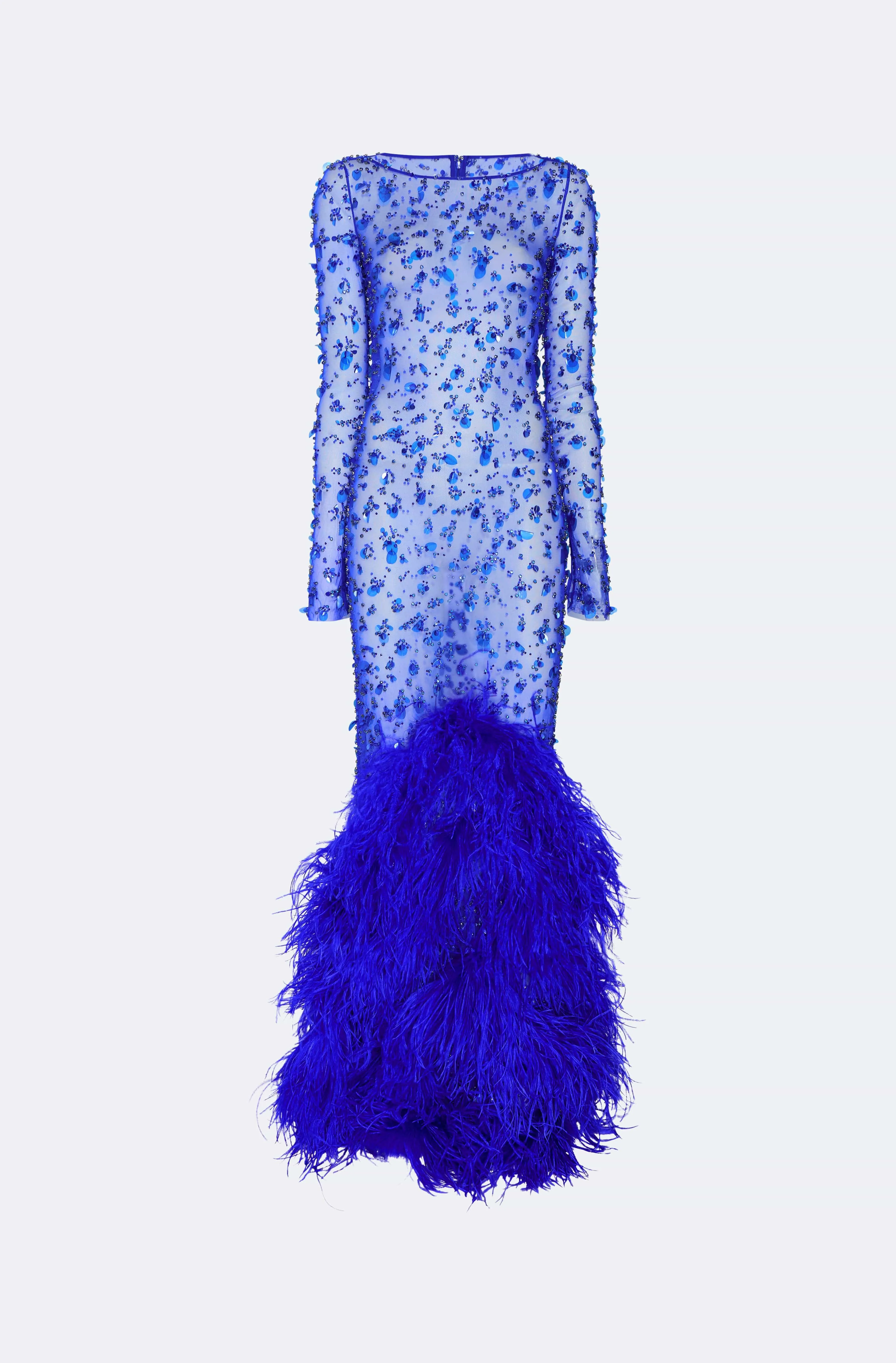 Embroidered Mesh Boatneck Gown With Feathers sold by LAPOINTE