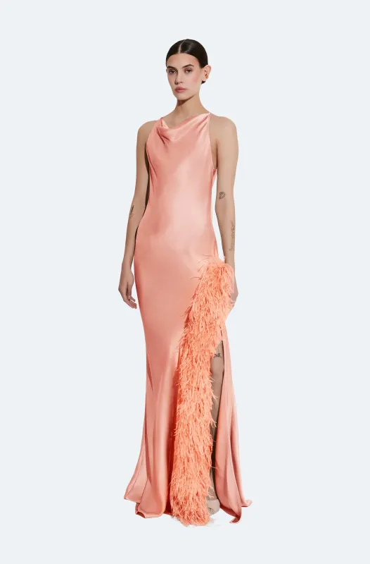 Satin Halter Gown With Feathers made by LAPOINTE