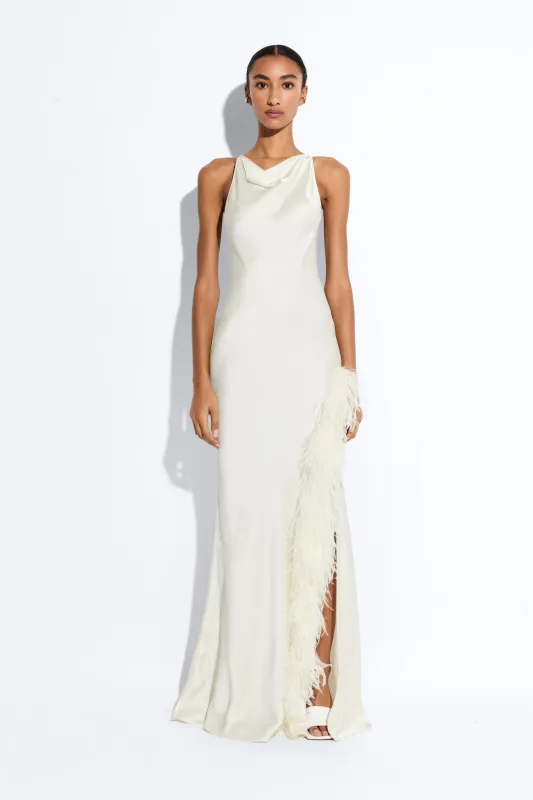 Satin Halter Gown With Feathers made by LAPOINTE