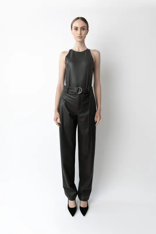 Stretch Faux Leather Belted Tapered Trouser made by LAPOINTE