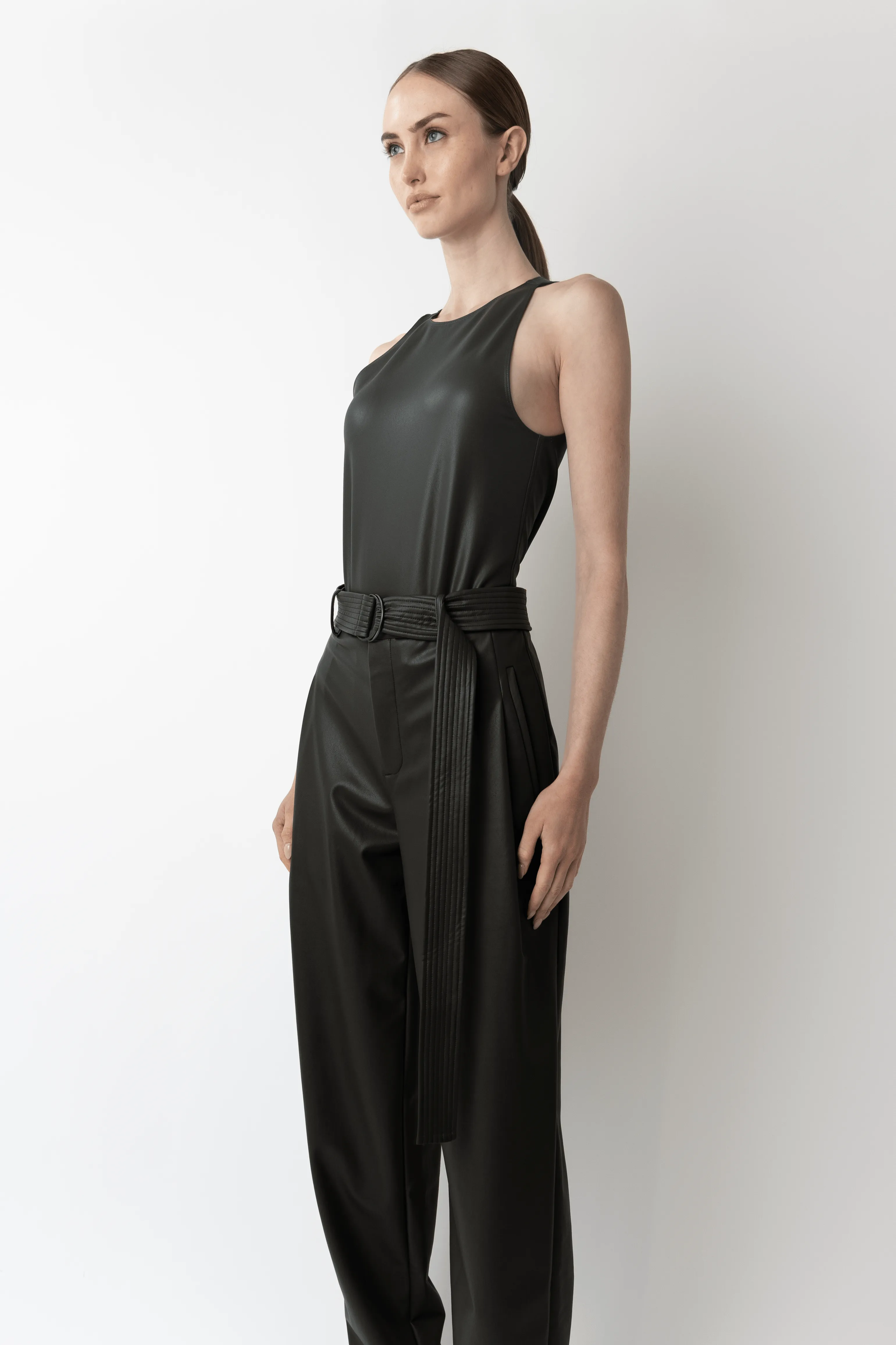 Stretch Faux Leather Belted Tapered Trouser sold by LAPOINTE product image thumbnail 3