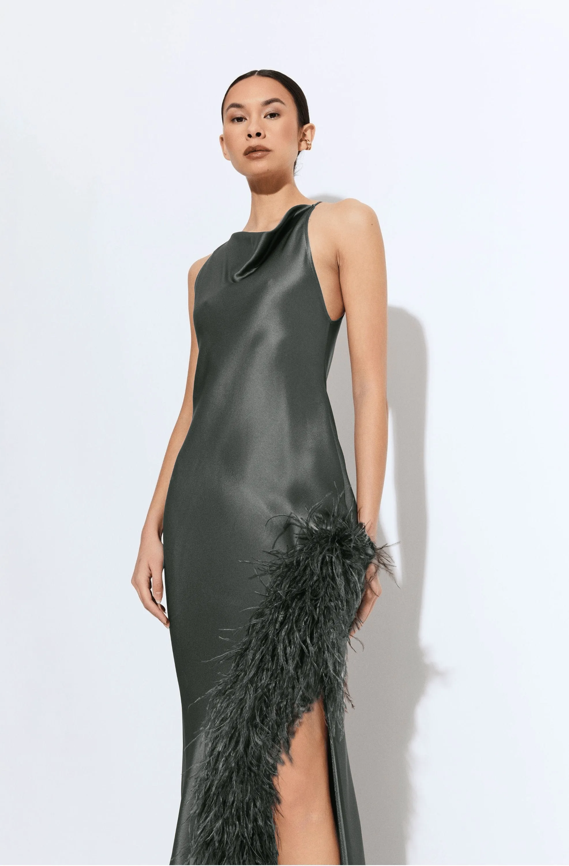 Satin Halter Gown With Feathers sold by LAPOINTE product image thumbnail 3