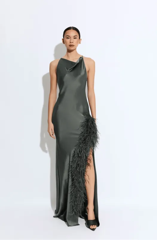 Satin Halter Gown With Feathers made by LAPOINTE
