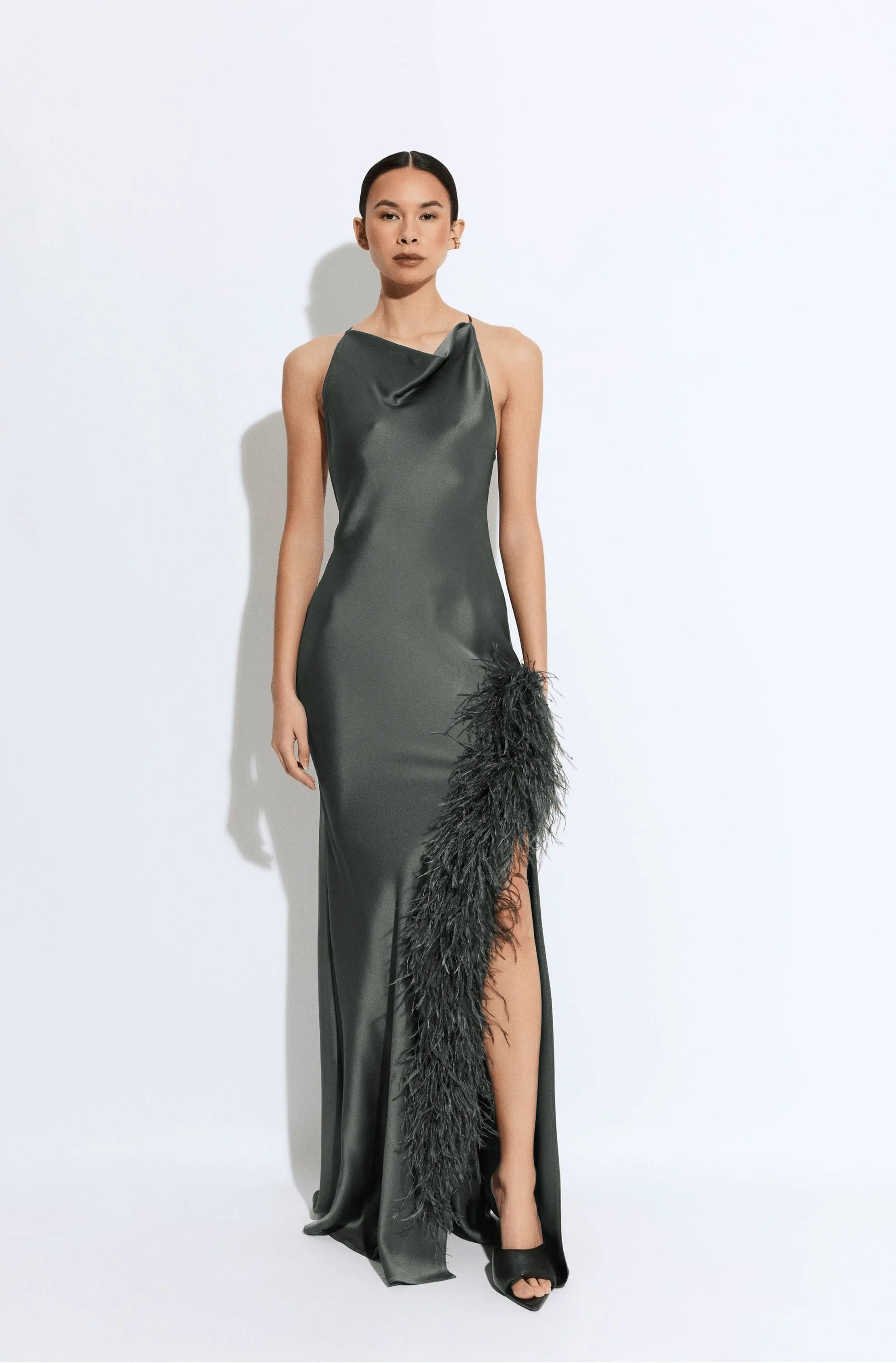 Satin Halter Gown With Feathers sold by LAPOINTE