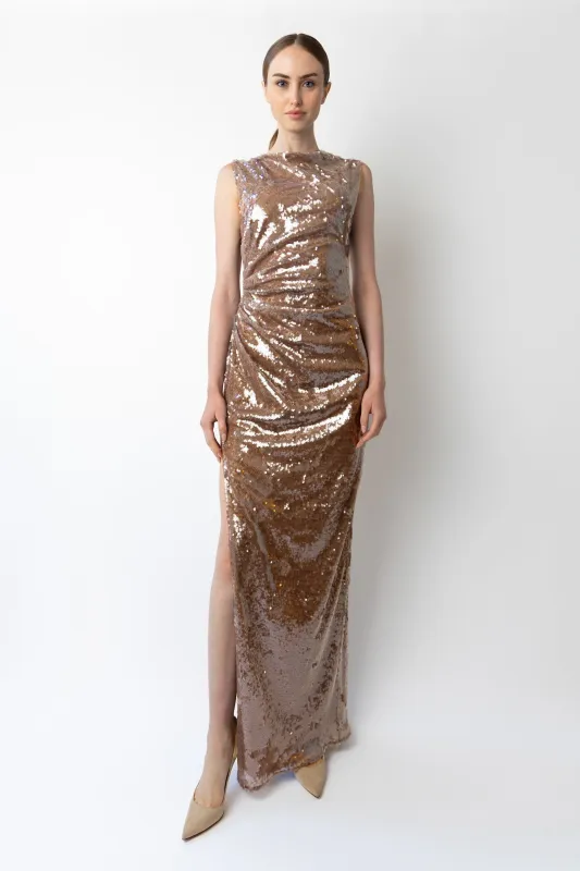 Sheer Sequin Ruched Gown With Slit made by LAPOINTE