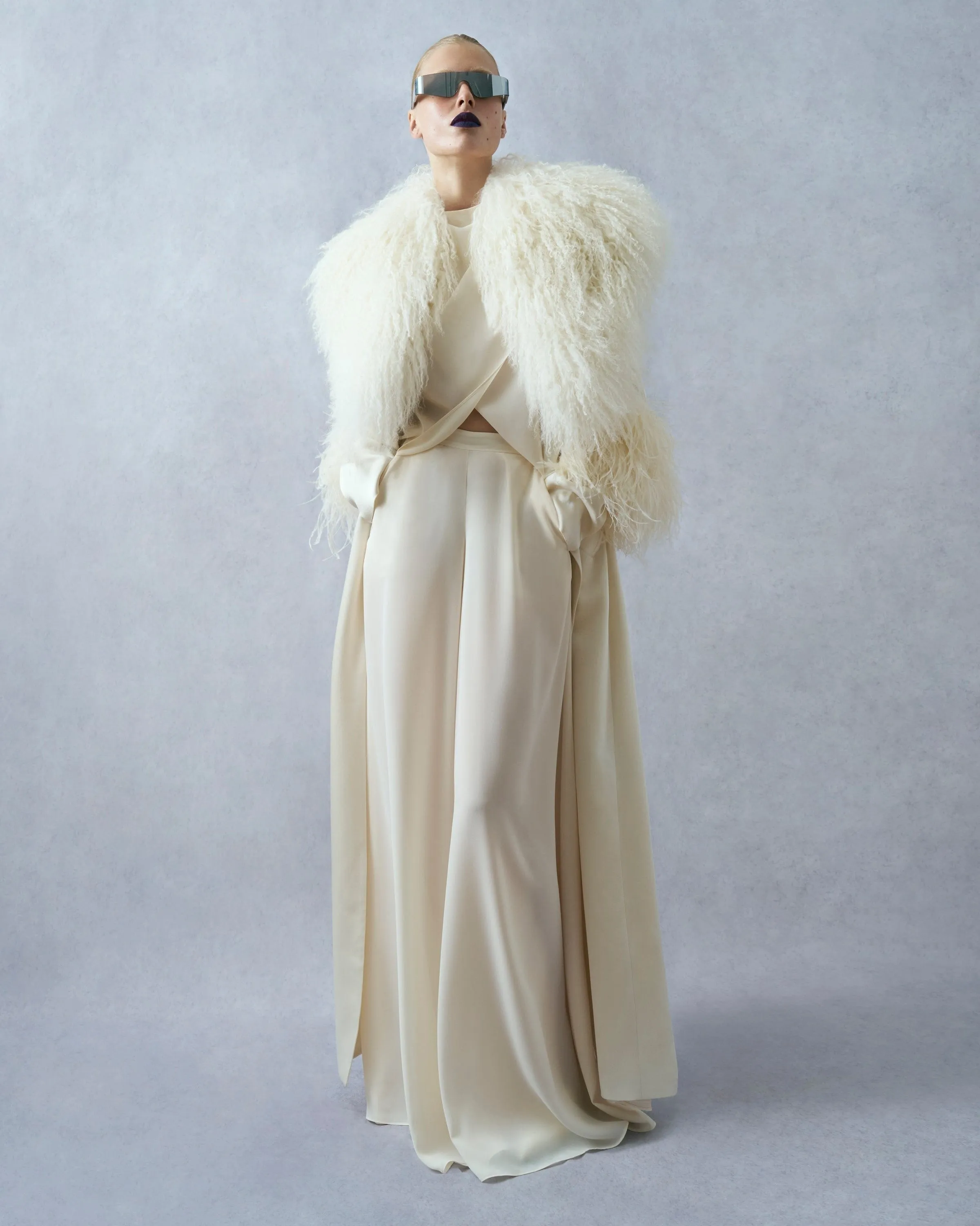 Satin Double Breasted Coat With Shearling sold by LAPOINTE
