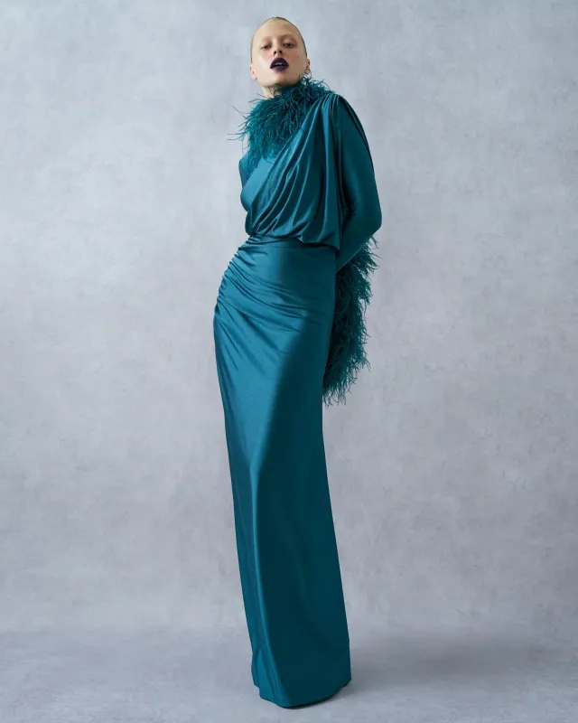 Shine Jersey Asymmetrical Ruched Draped Gown made by LAPOINTE