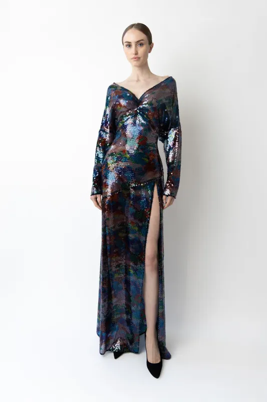 Watercolor Sequin V Neck Gown made by LAPOINTE