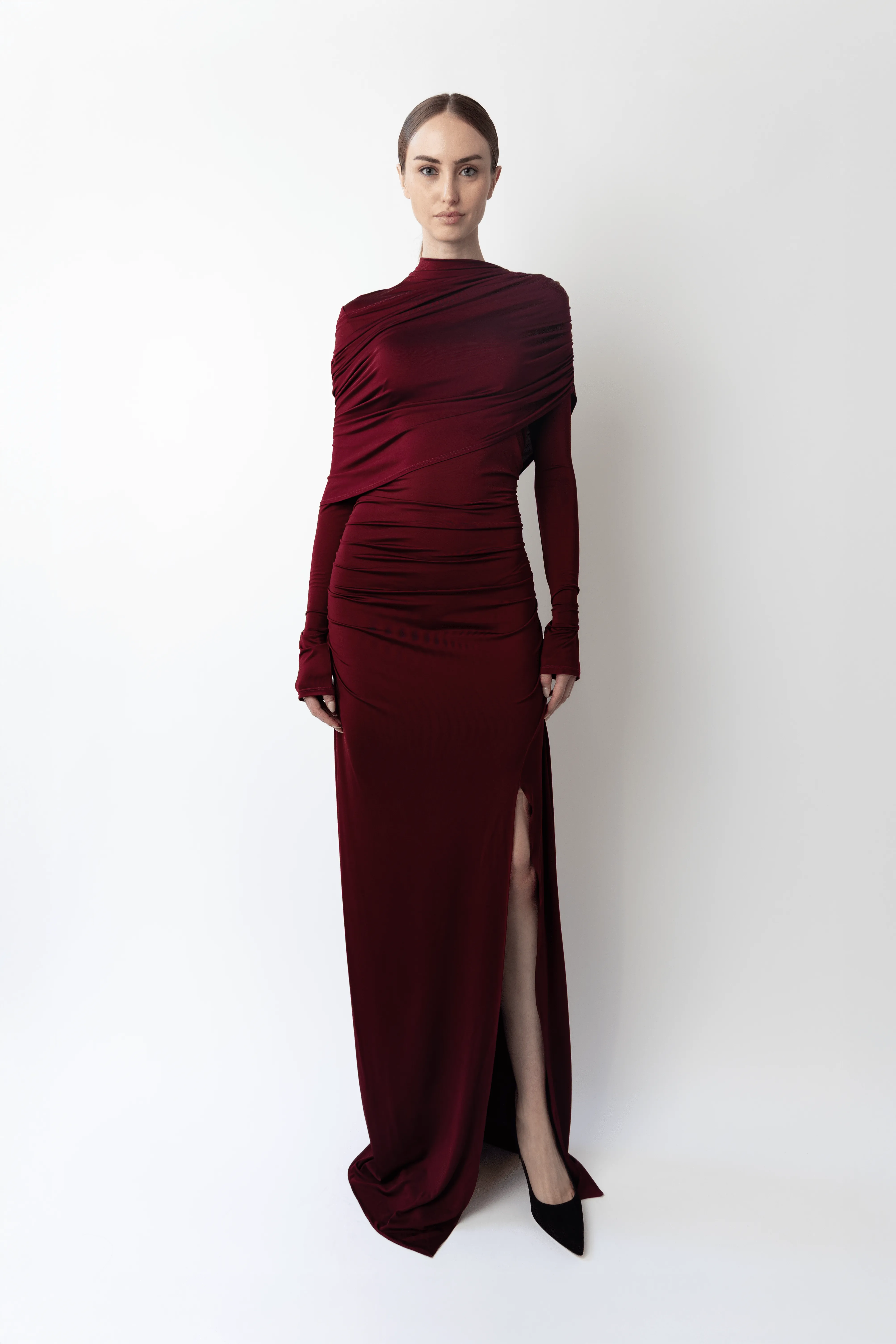 Jersey Asymmetrical Shawl Draped Gown sold by LAPOINTE