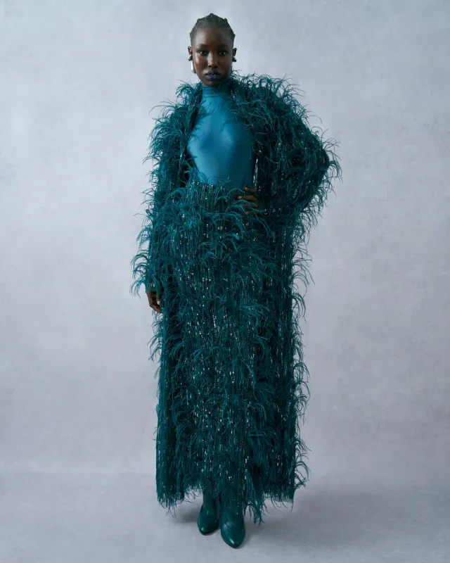 Cascading Feather Embellished Long Pencil Skirt made by LAPOINTE