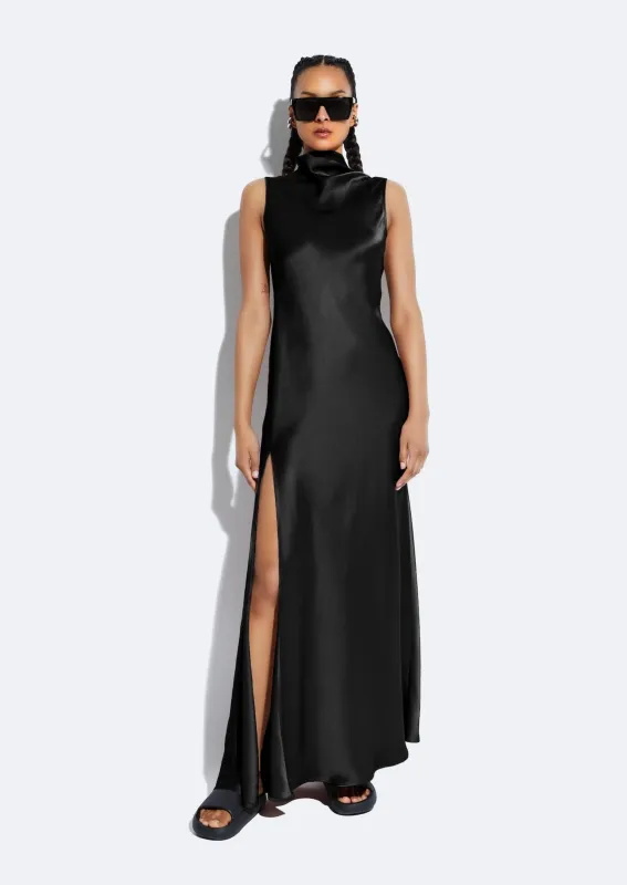 Satin Drape Neck Sleeveless Dress made by LAPOINTE