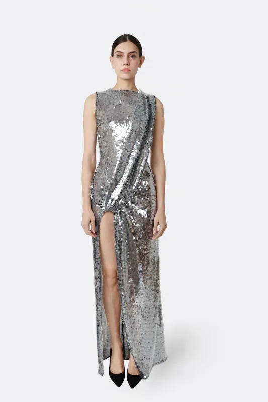 Mesh Sequin Sleeveless Gown With Sash made by LAPOINTE