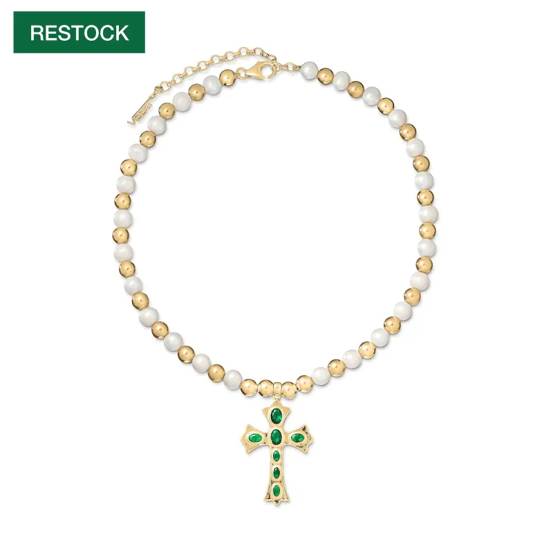 The Green Cross Freshwater Pearl Necklace in Yellow Gold made by VEERT