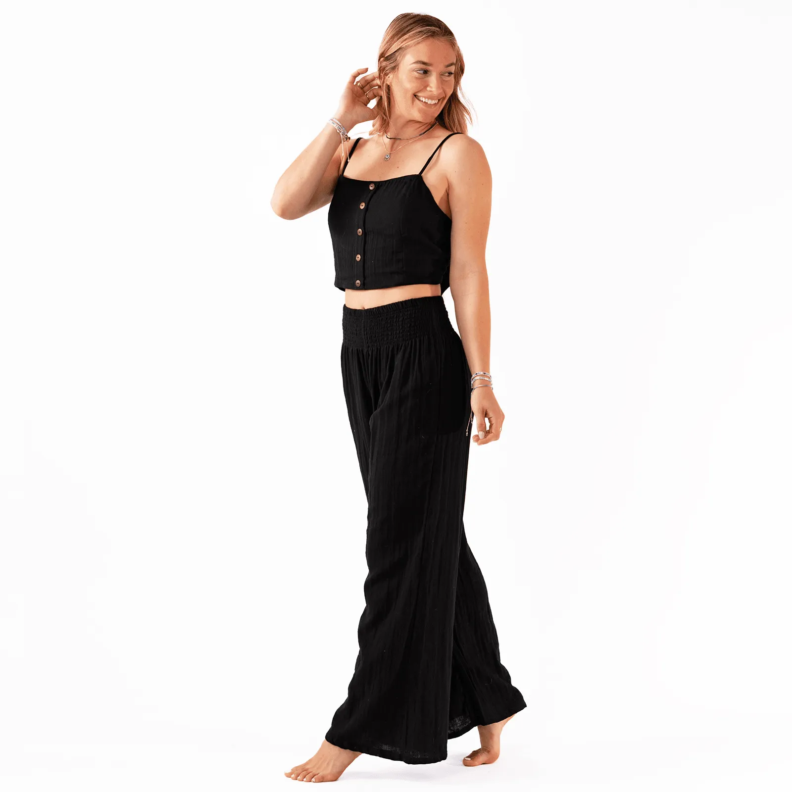Black Cotton Crop Top & Wide Leg Pants Lounge Set sold by Lotus & Luna product image thumbnail 4