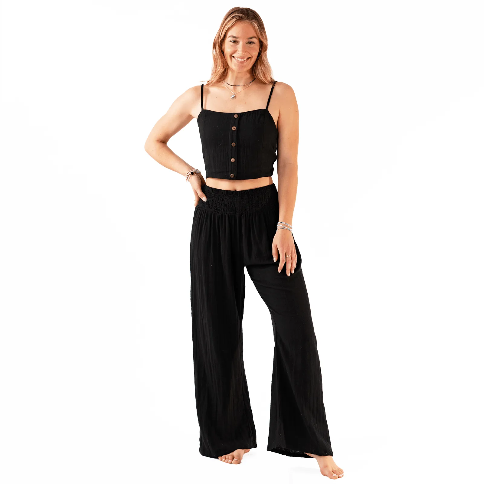 Black Cotton Crop Top & Wide Leg Pants Lounge Set sold by Lotus & Luna