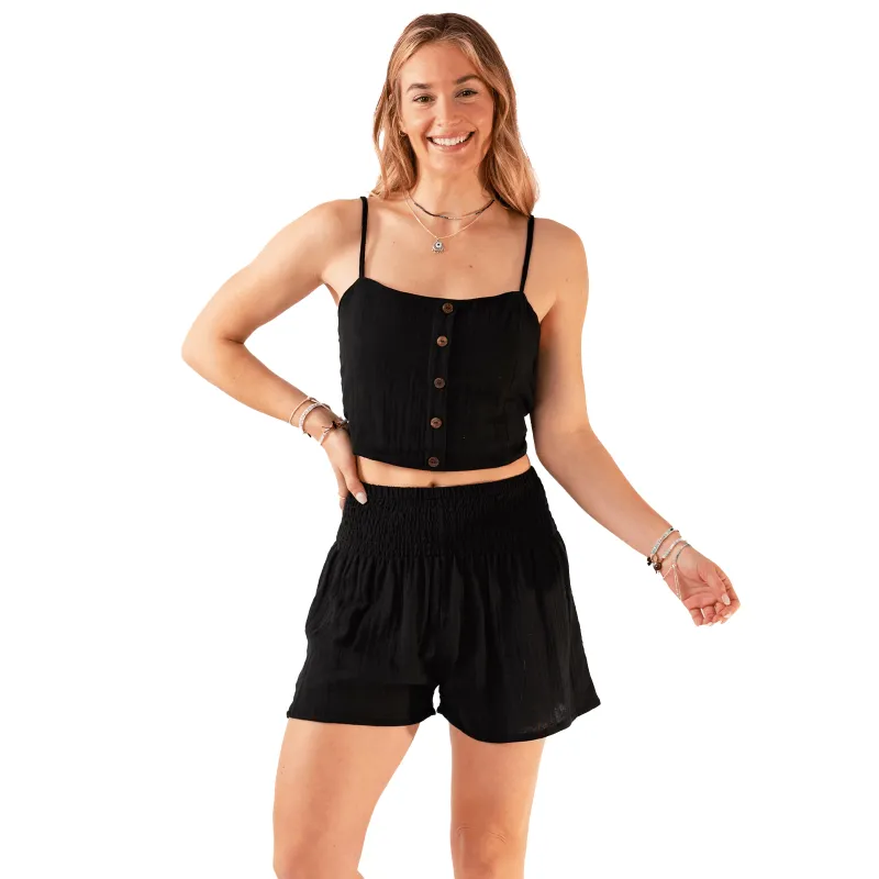 Black Cotton Crop Top & Shorts Lounge Set made by Lotus & Luna