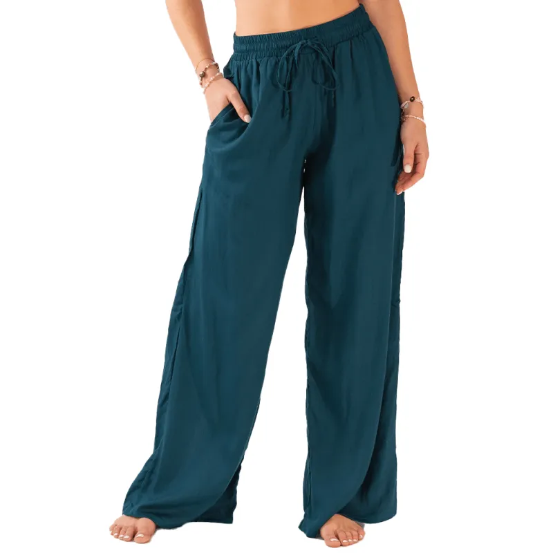 Deep Teal Wide Leg Drawstring Pants made by Lotus & Luna