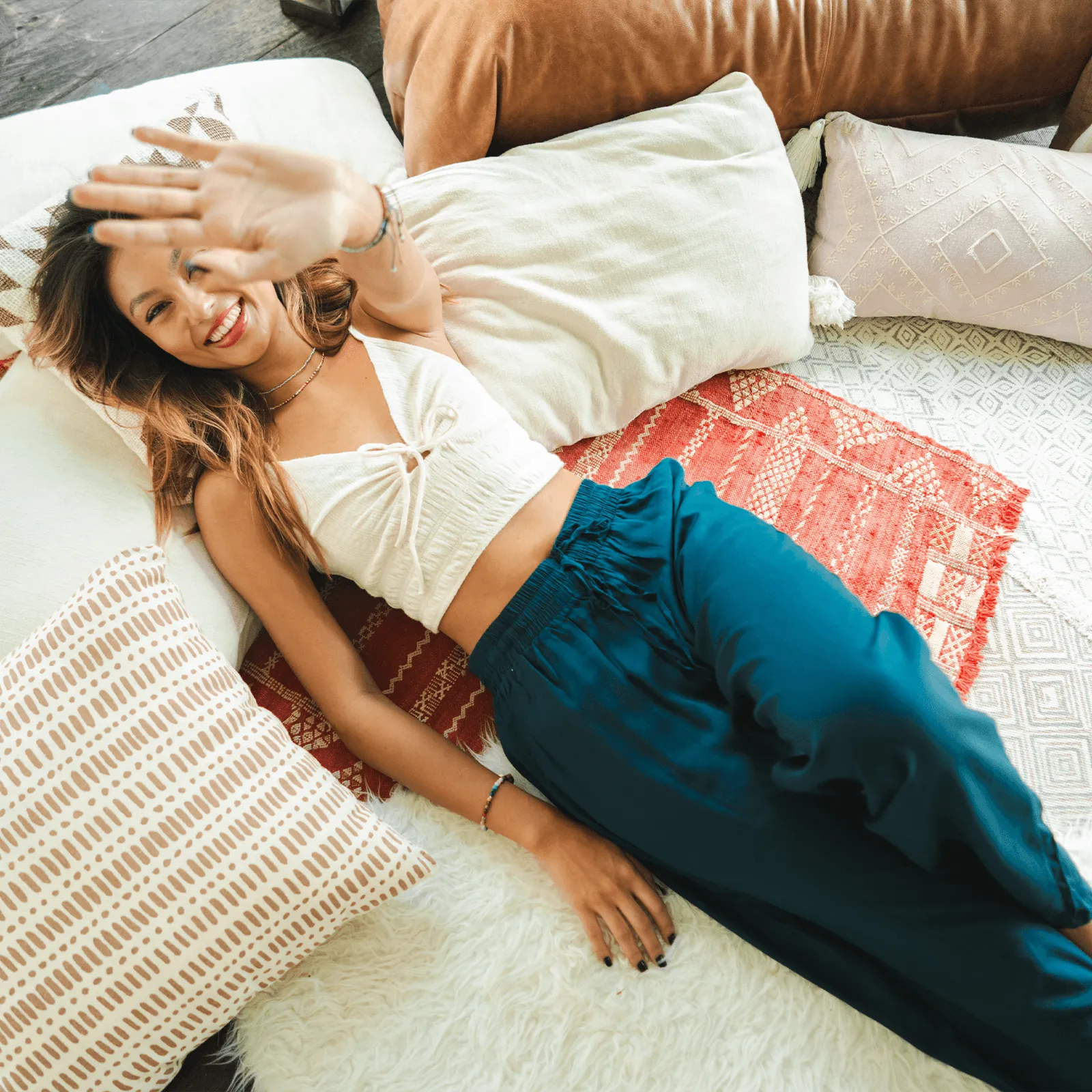 Deep Teal Wide Leg Drawstring Pants sold by Lotus & Luna product image thumbnail 3