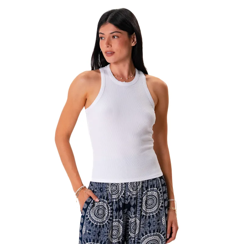 White Full Length Rio Racerback Ribbed Tank made by Lotus & Luna