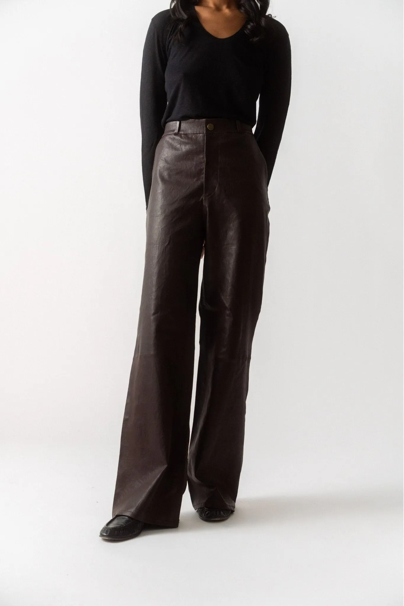 Frame Relaxed Leather Trouser - Chocolate Brown sold by Bessette
