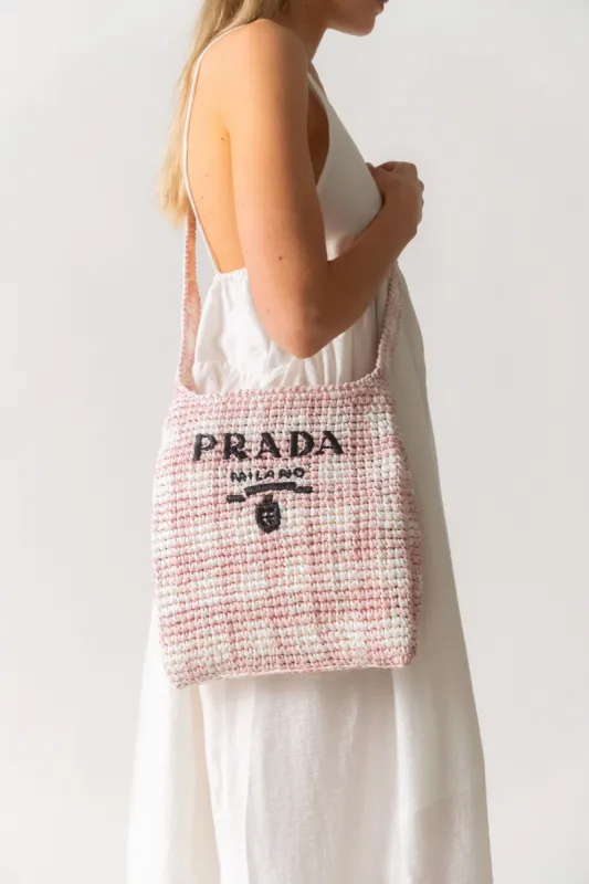 Prada Logo Raffia-Effect Pink Shopper sold by Bessette