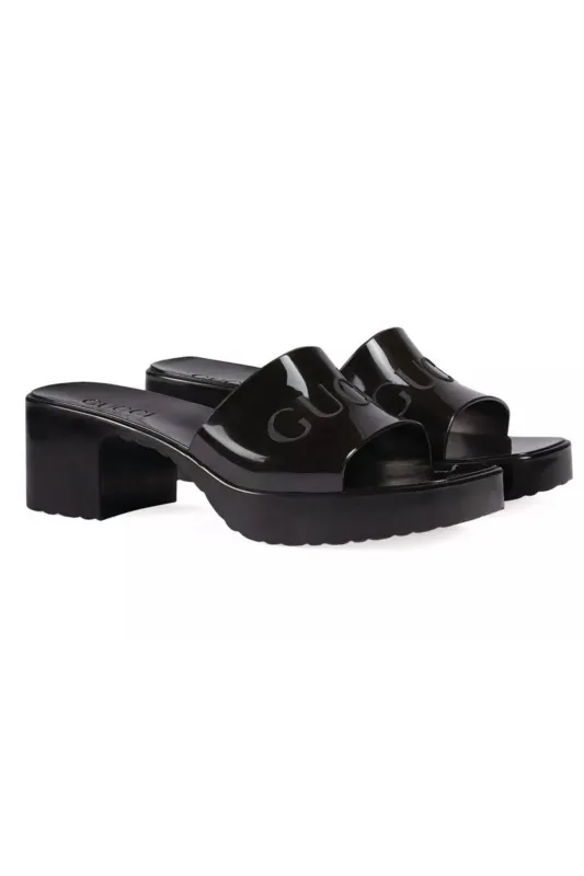 Gucci Black Embossed Rubber Mule sold by Bessette