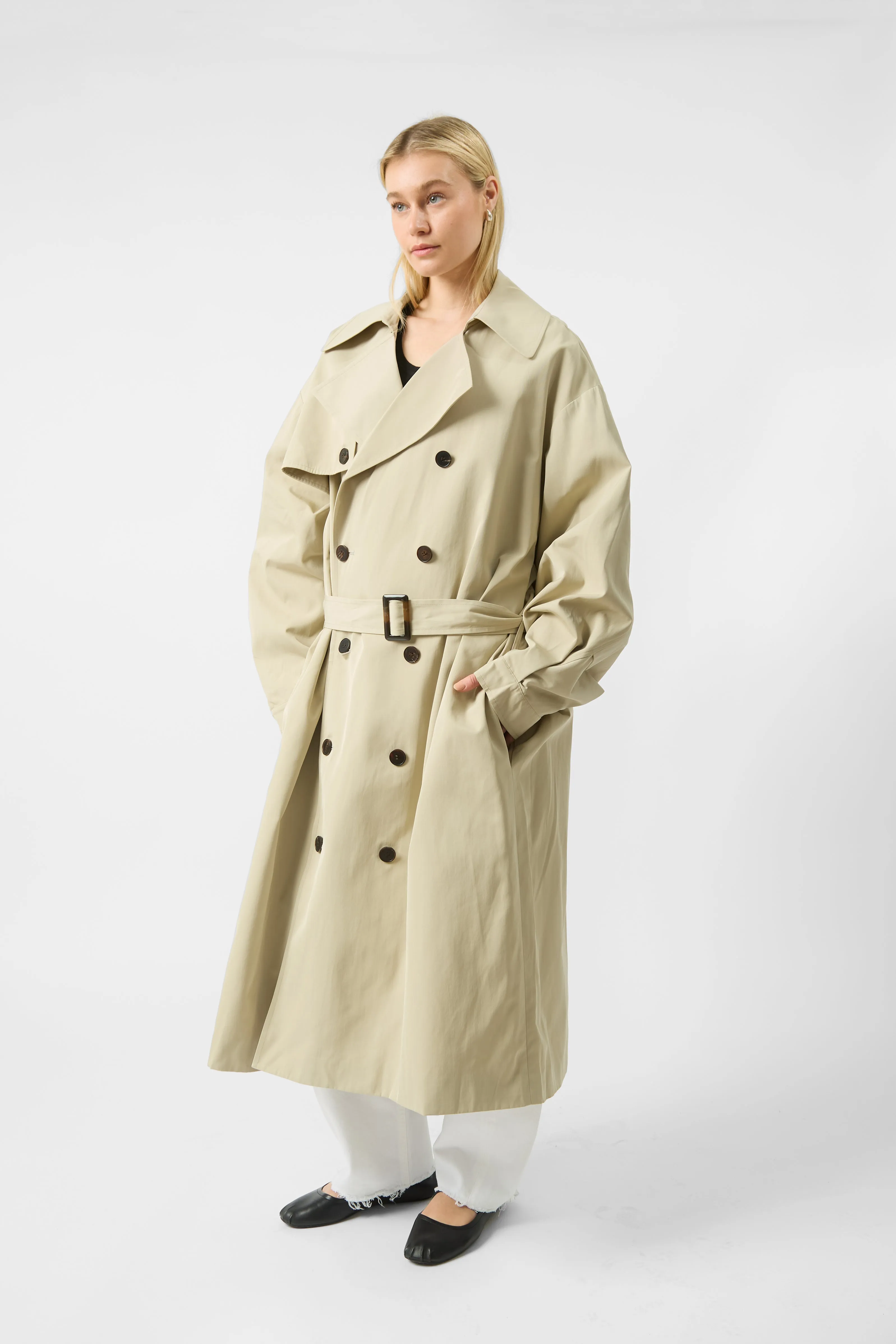 The Frankie Shop Mavis Oversize Long Trench Coat in Beige sold by Bessette product image thumbnail 2