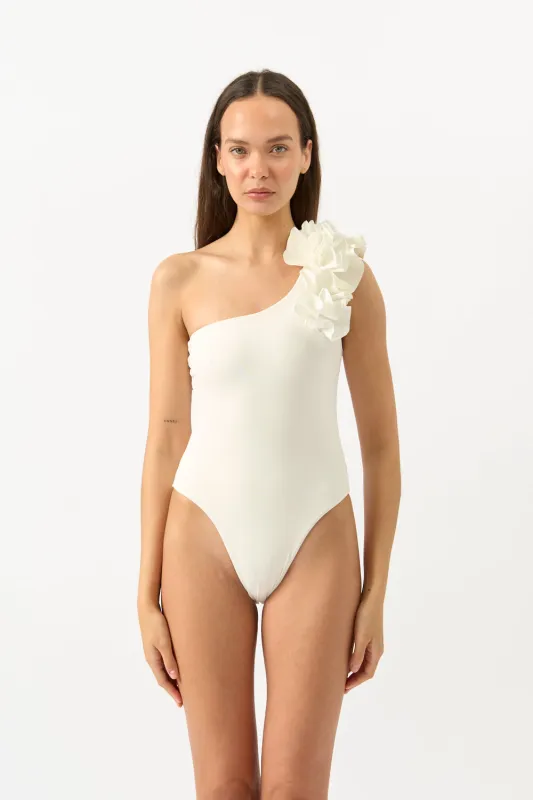 Maygel Coronel Janina Ruffled One-Shoulder Swimsuit sold by Bessette