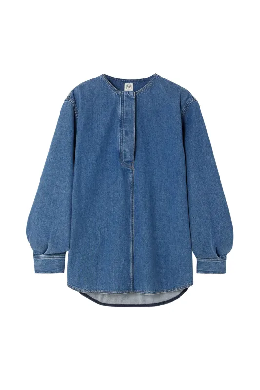 Collarless Denim Shirt sold by Bessette