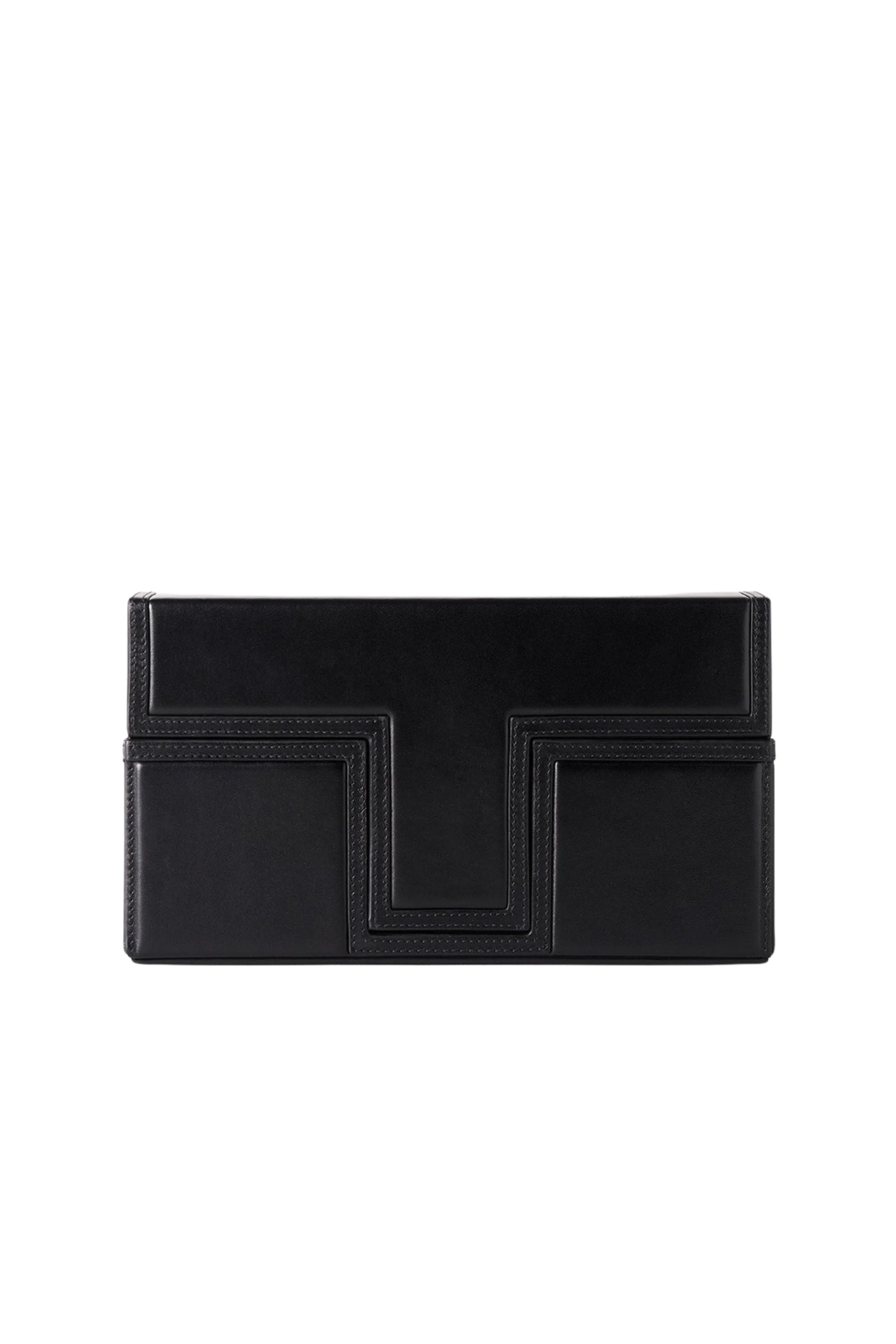 Black Leather T-Flap Clutch sold by Bessette