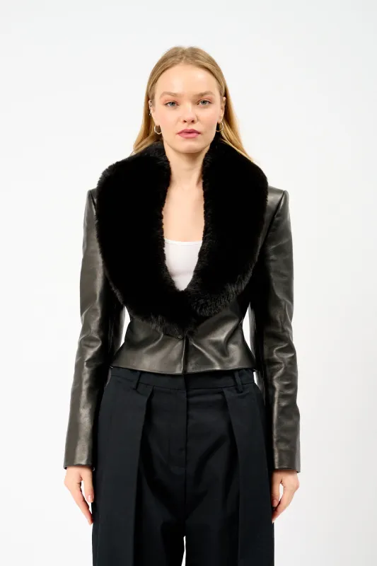 Cropped Fur Collar Leather Jacket made by Bessette