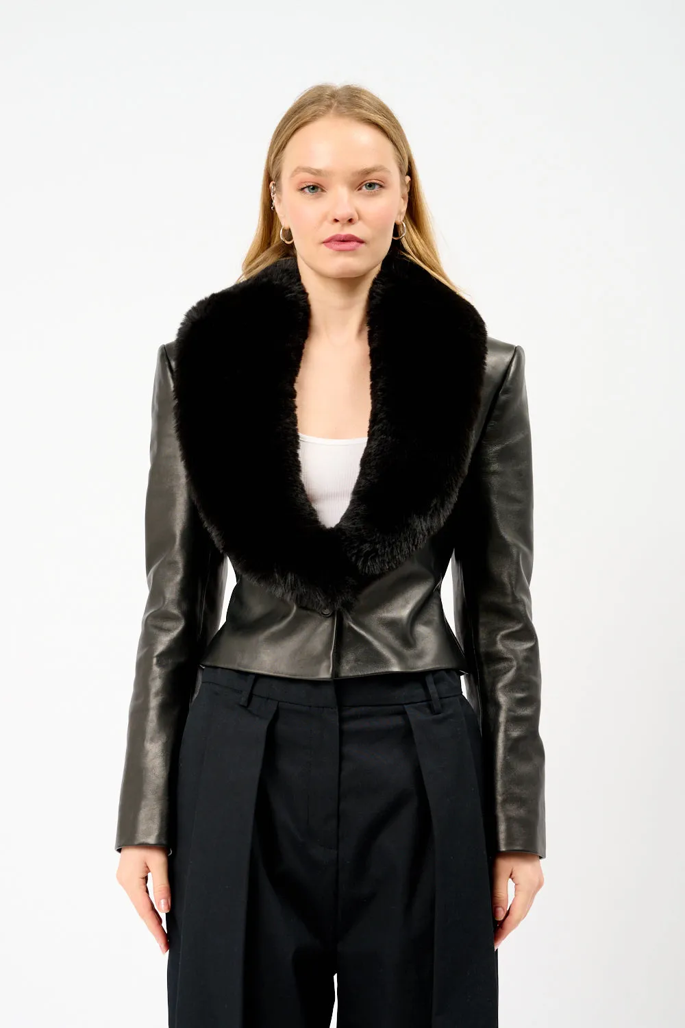 Cropped Fur Collar Leather Jacket sold by Bessette