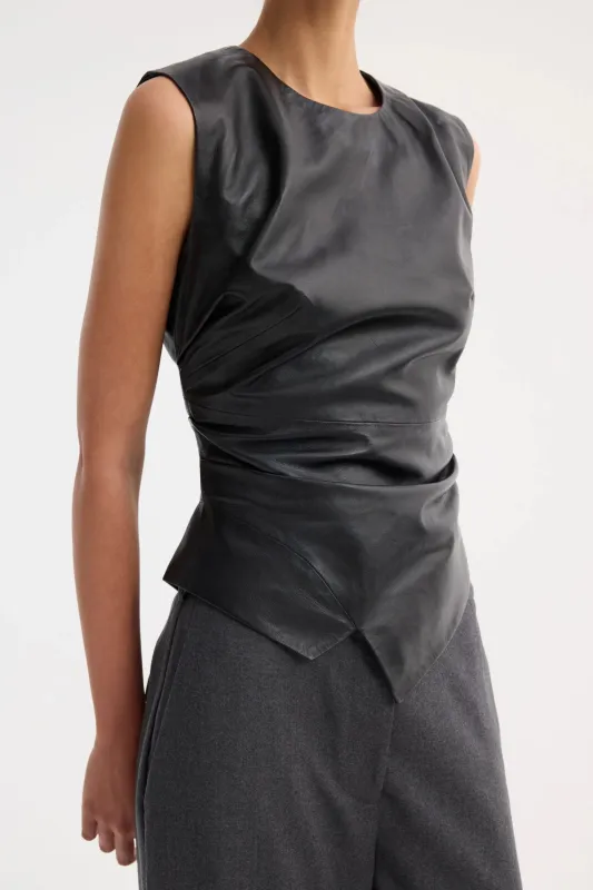 Sleeveless Draped Leather Top sold by Bessette