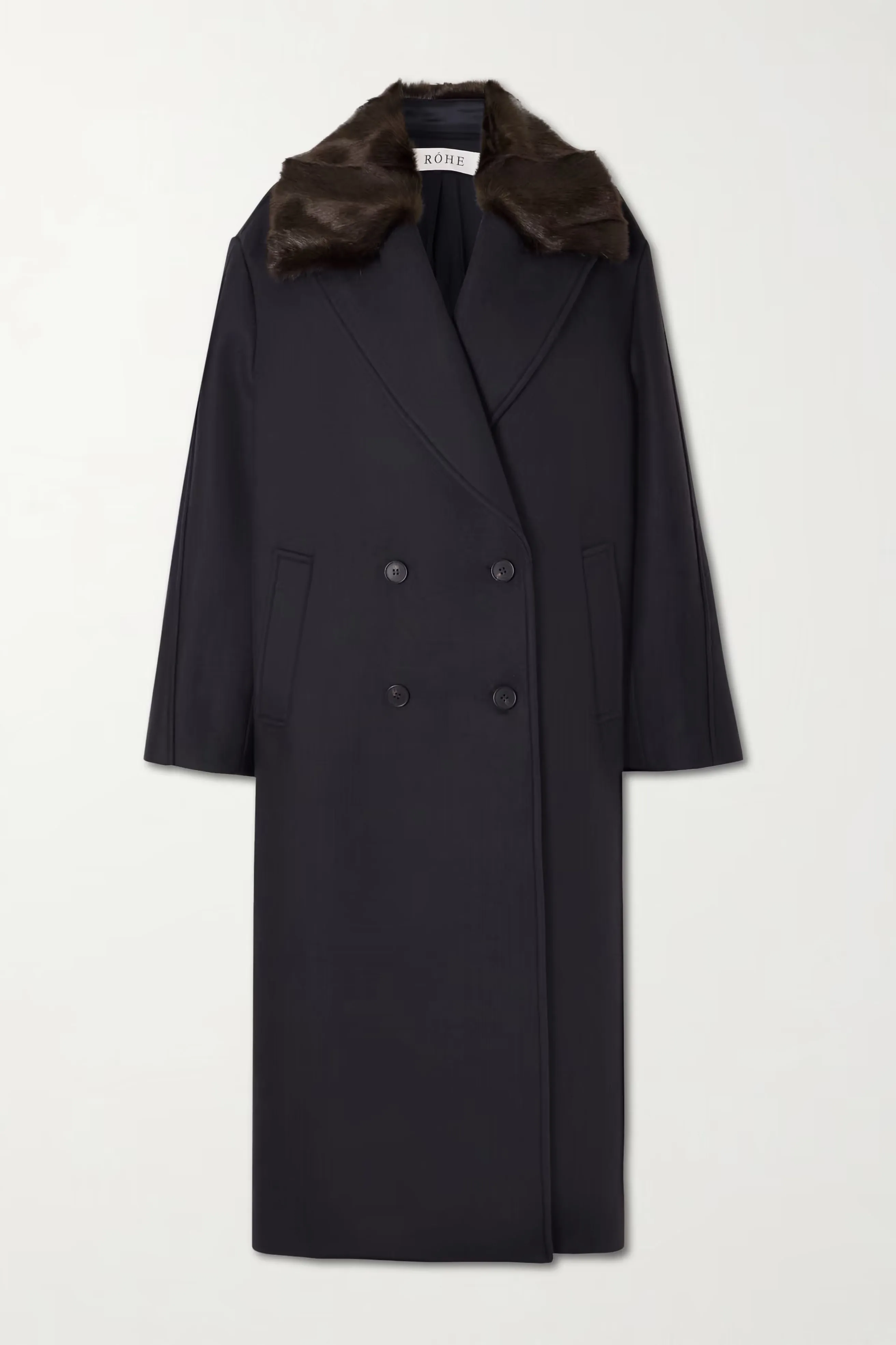 Double-breasted coat with faux fur collar sold by Bessette