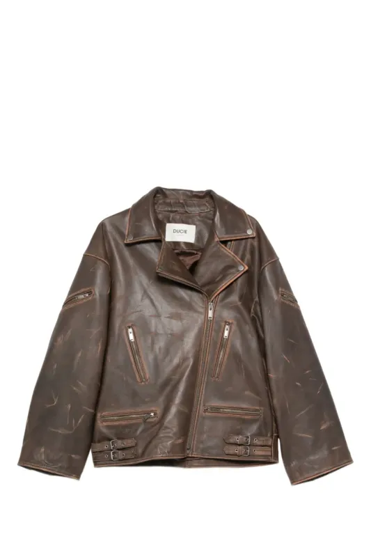 Samantha Leather Jacket Distressed Brown made by DUCIE