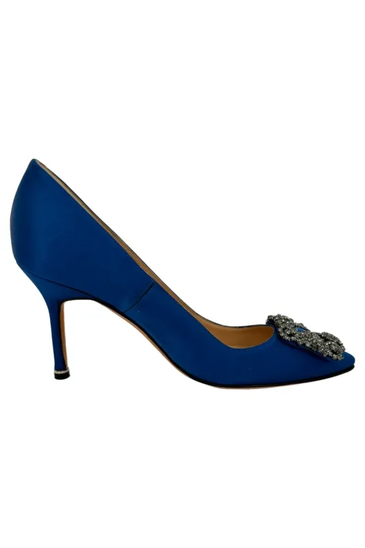 Manolo Blahnik Hangisi Embellished Pumps in Blue Satin made by Manolo Blahnik