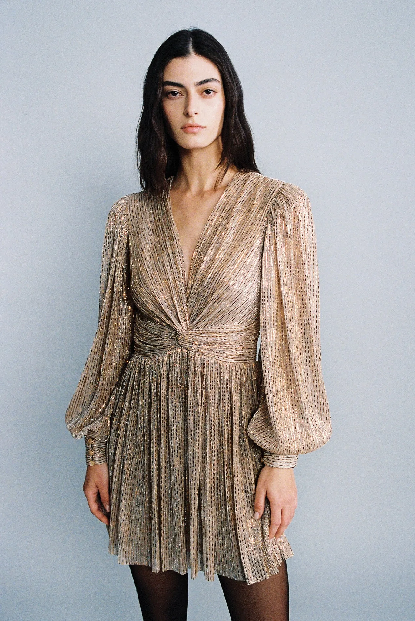 SABINA MUSAYEV Perihelion Mini Dress - Antique Gold sold by Bonvion