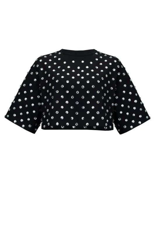 SANTA Cropped T-shirt with Crystals - Black sold by Bonvion