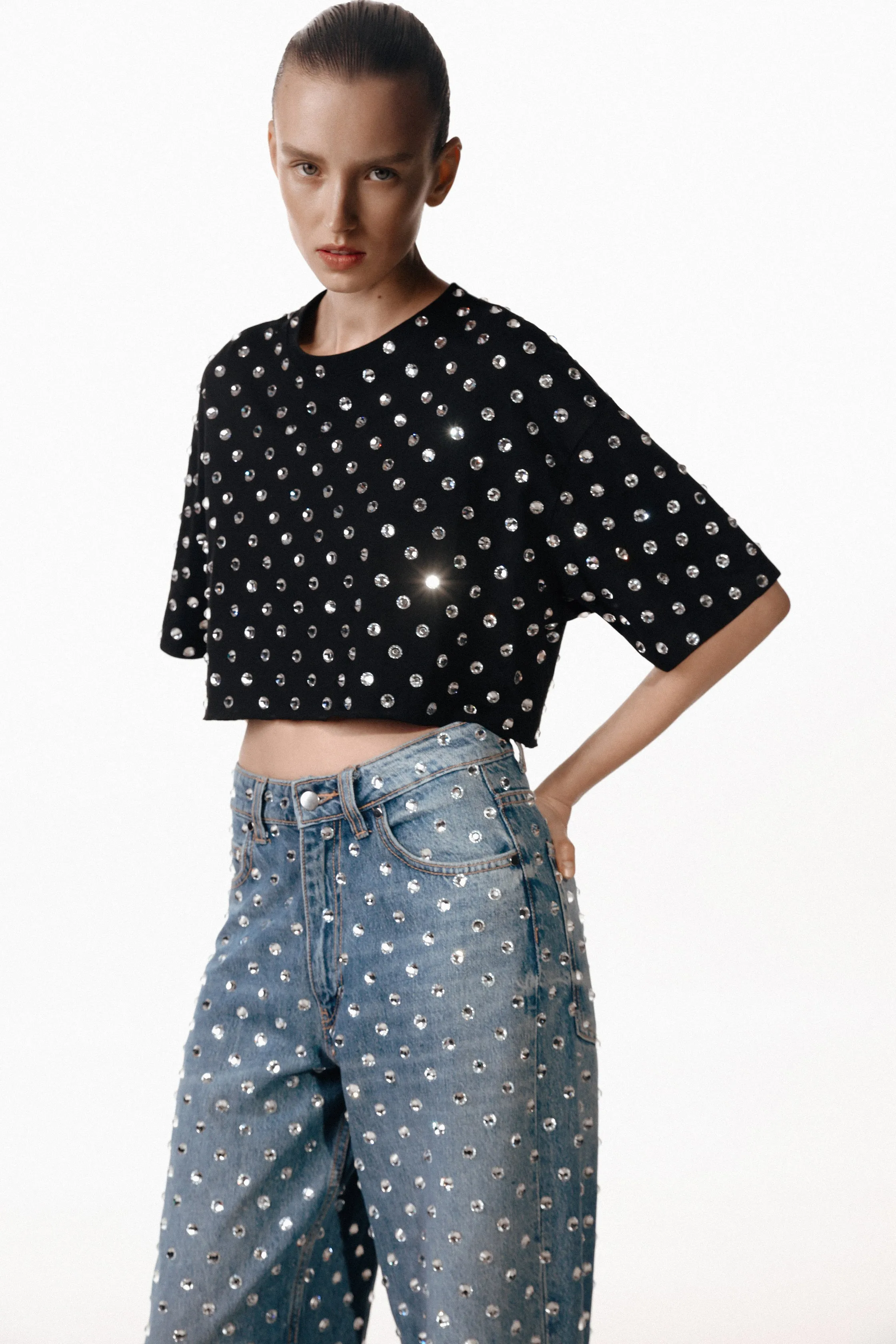 SANTA Cropped T-shirt with Crystals - Black sold by Bonvion product image thumbnail 2