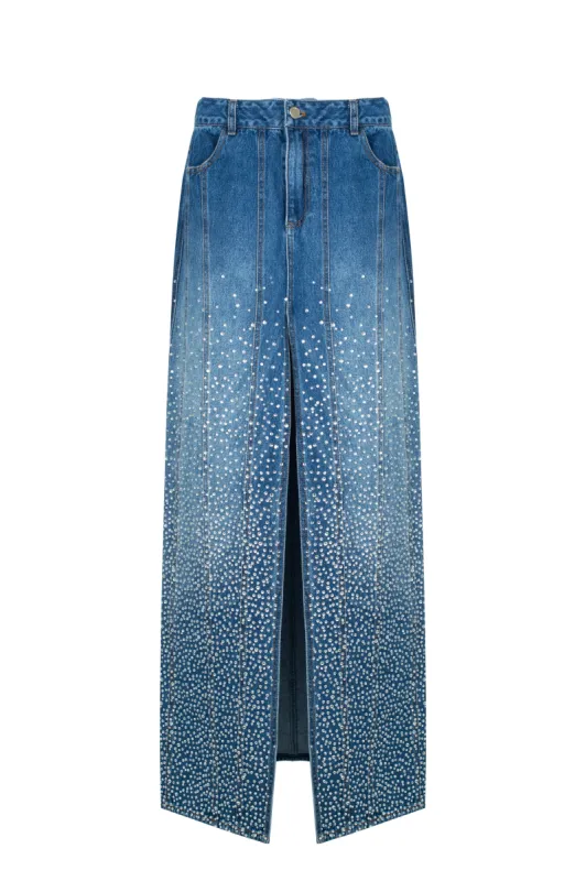 SANTA Denim Maxi Skirt with Slit - Blue sold by Bonvion