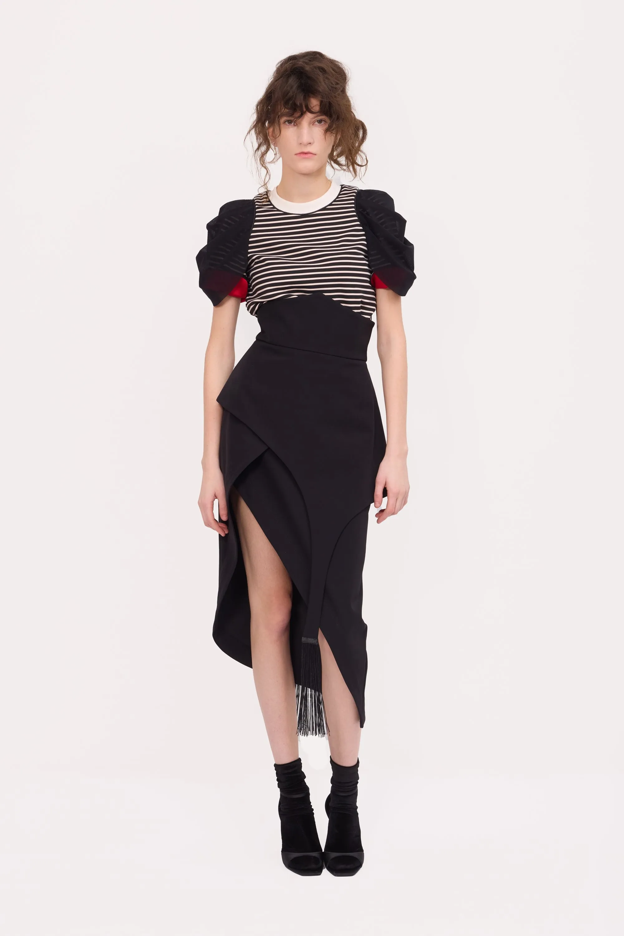 JULIA ALLERT Striped Knit Blouse With Mesh Puff Sleeves - Black/White sold by Bonvion product image thumbnail 3