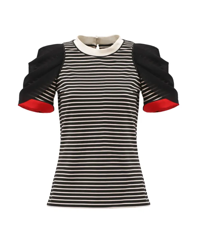 JULIA ALLERT Striped Knit Blouse With Mesh Puff Sleeves - Black/White sold by Bonvion