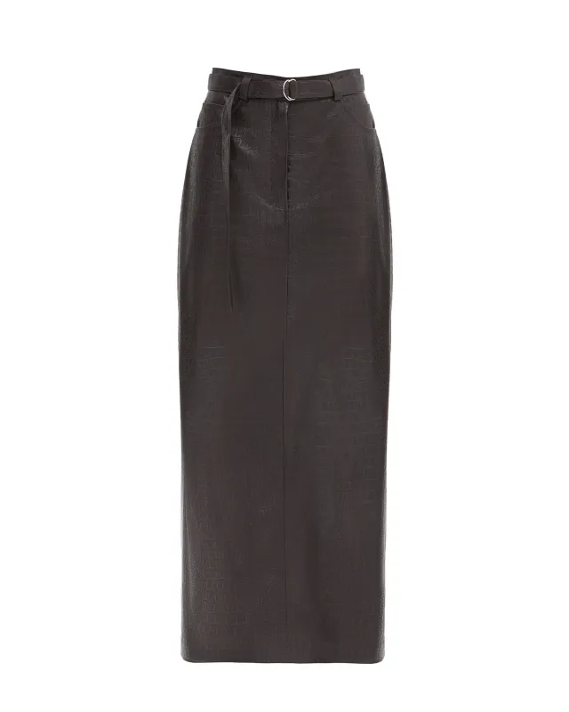 JULIA ALLERT Croc-Effect Vegan Leather Maxi Skirt With Belt - Black sold by Bonvion
