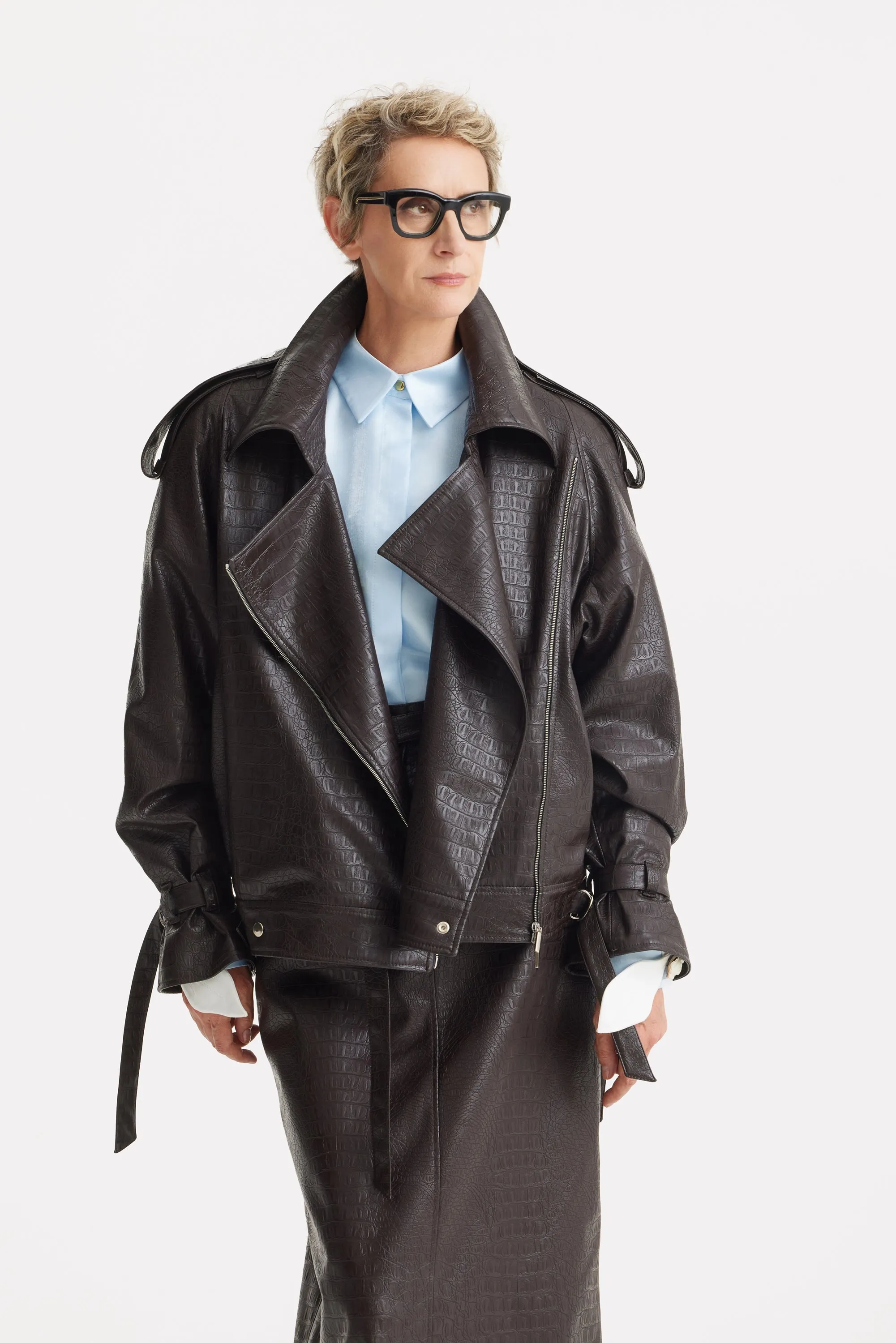 JULIA ALLERT Croc-Effect Vegan Leather Oversized Jacket – Black sold by Bonvion product image thumbnail 2