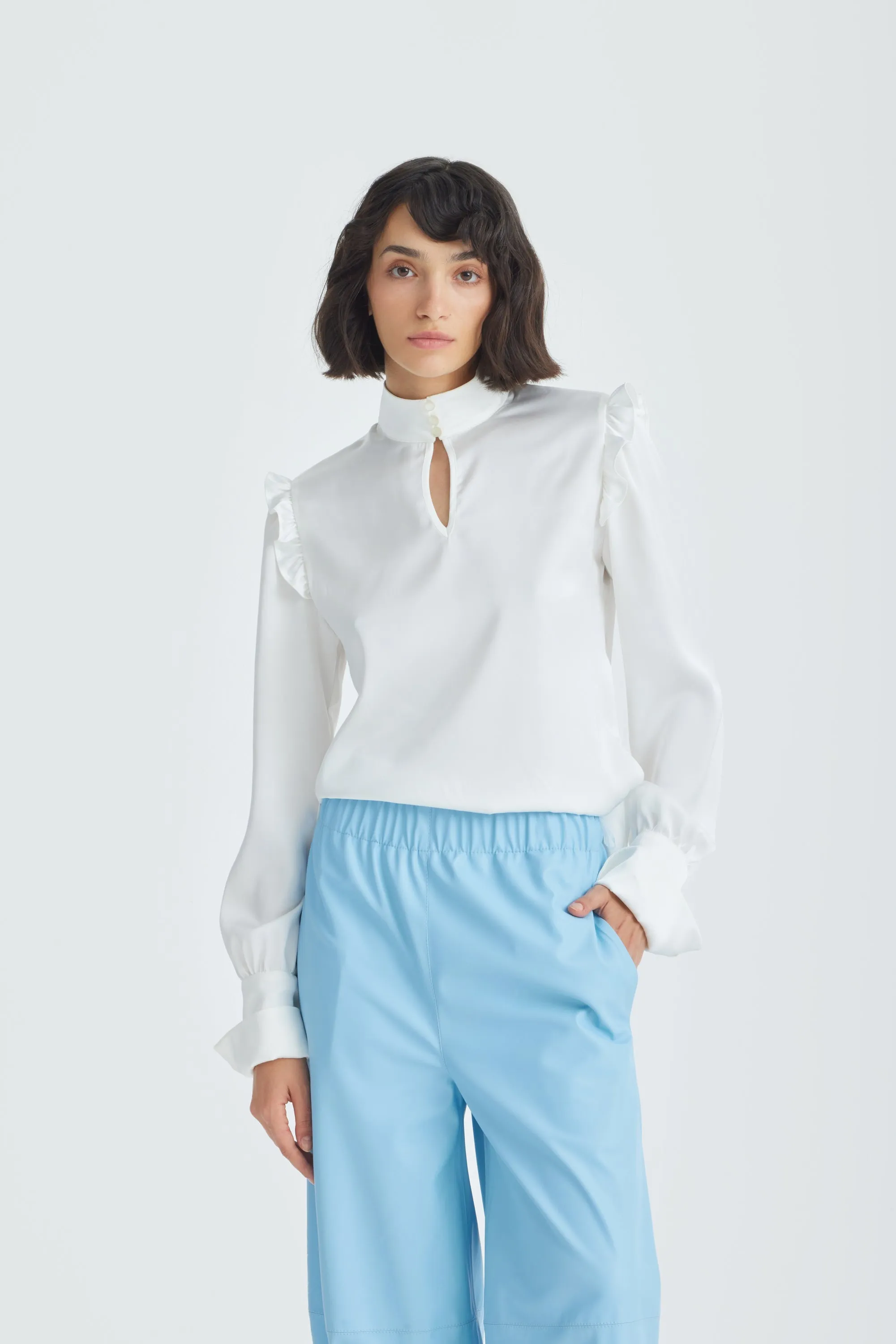 JULIA ALLERT Bishop Sleeves Stand Collar Blouse - Ivory sold by Bonvion product image thumbnail 2