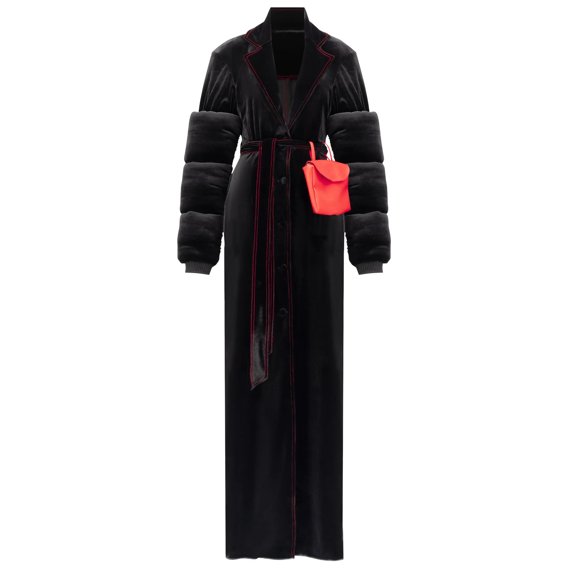 ÚCHÈ Belted Red Bag Trench Coat - Black/Red sold by Bonvion